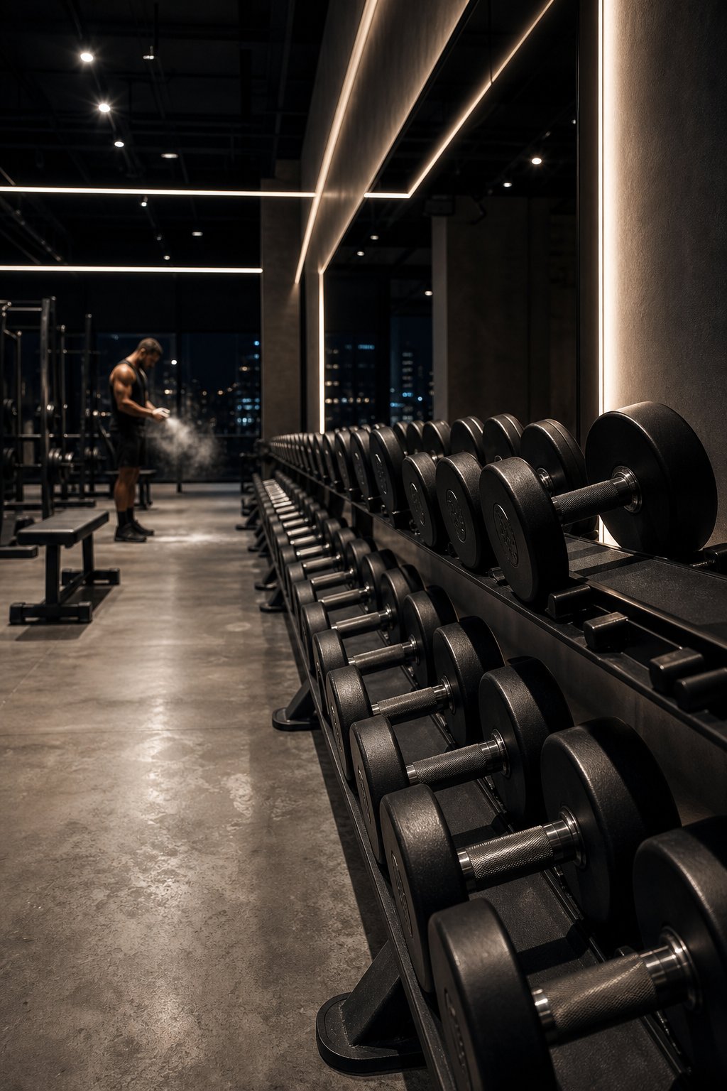 Racks of dumbbells inside the IronVault training hall