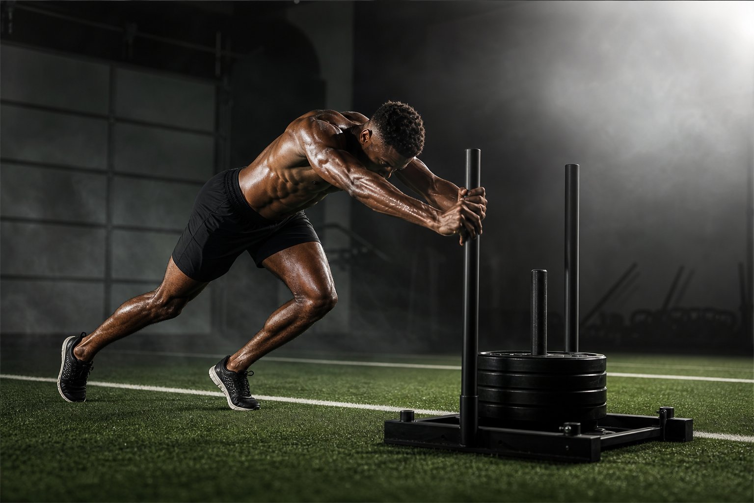 Athlete driving a weighted sled across indoor turf