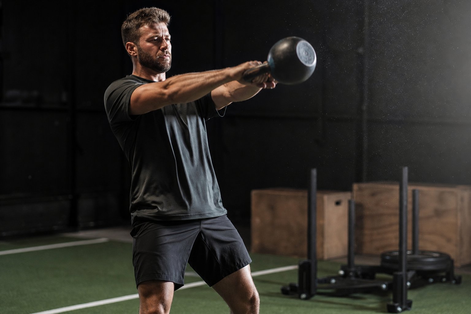 Athlete performing a kettlebell swing on the turf floor