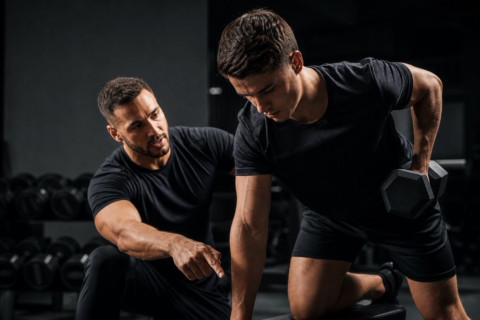Personal trainer coaching a client through a lift