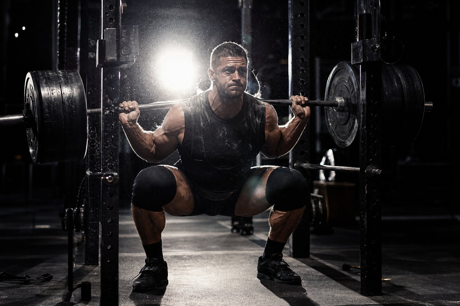 Athlete performing a heavy barbell back squat